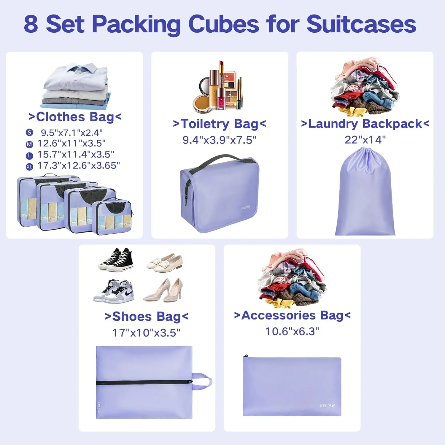Compression Packing Cubes for Travel, 8 Set Packing Cubes for Suitcases, Breathable Mesh Travel Bags Organizer for Luggage Lightweight Vacation Essentials Accessories (Purple)