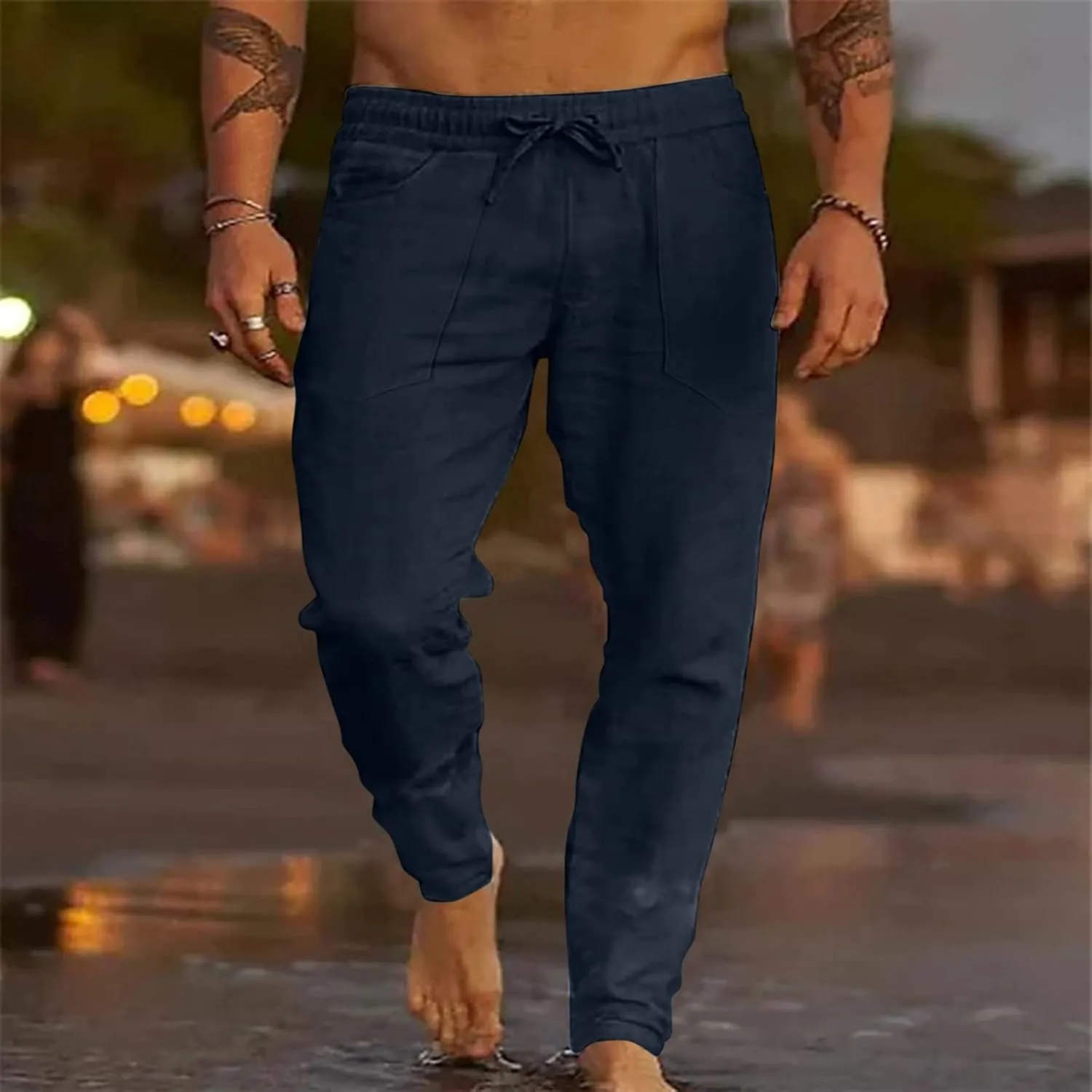 Cotton Linen Beach Trousers for Men Elastic Waist Drawstring Breathable Summer Casual Pants Loose Fit Workout Sweatpants
