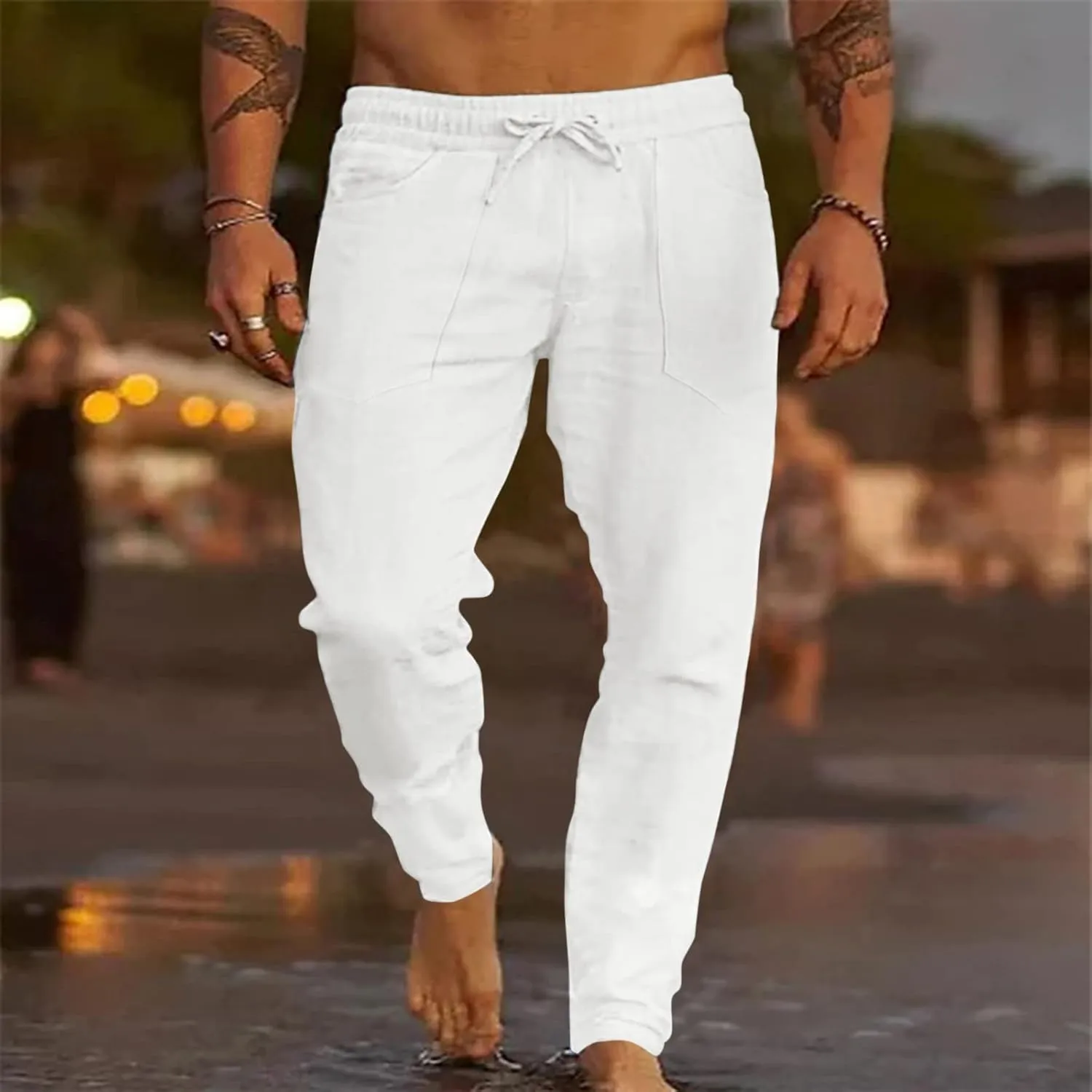 Cotton Linen Beach Trousers for Men Elastic Waist Drawstring Breathable Summer Casual Pants Loose Fit Workout Sweatpants