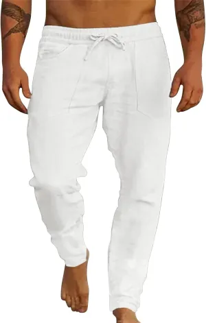 Cotton Linen Beach Trousers for Men Elastic Waist Drawstring Breathable Summer Casual Pants Loose Fit Workout Sweatpants