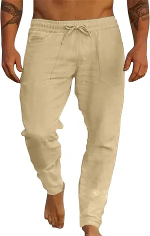 Cotton Linen Beach Trousers for Men Elastic Waist Drawstring Breathable Summer Casual Pants Loose Fit Workout Sweatpants