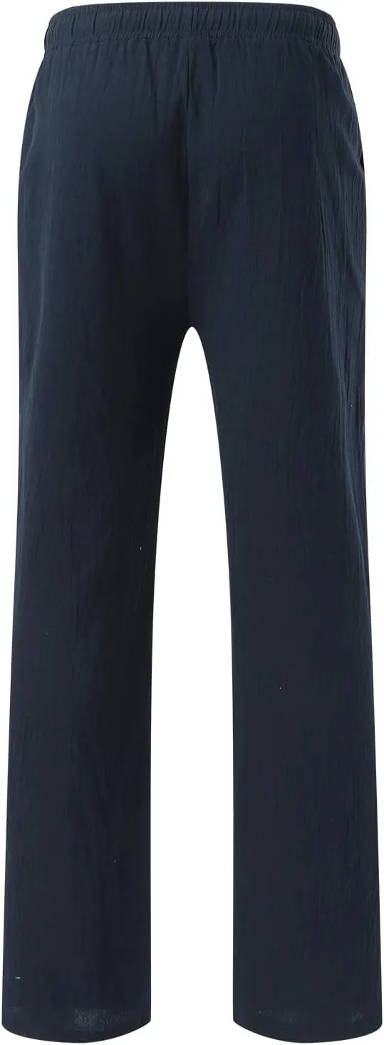 Cotton Linen Beach Trousers for Men Elastic Waist Drawstring Breathable Summer Casual Pants Loose Fit Workout Sweatpants