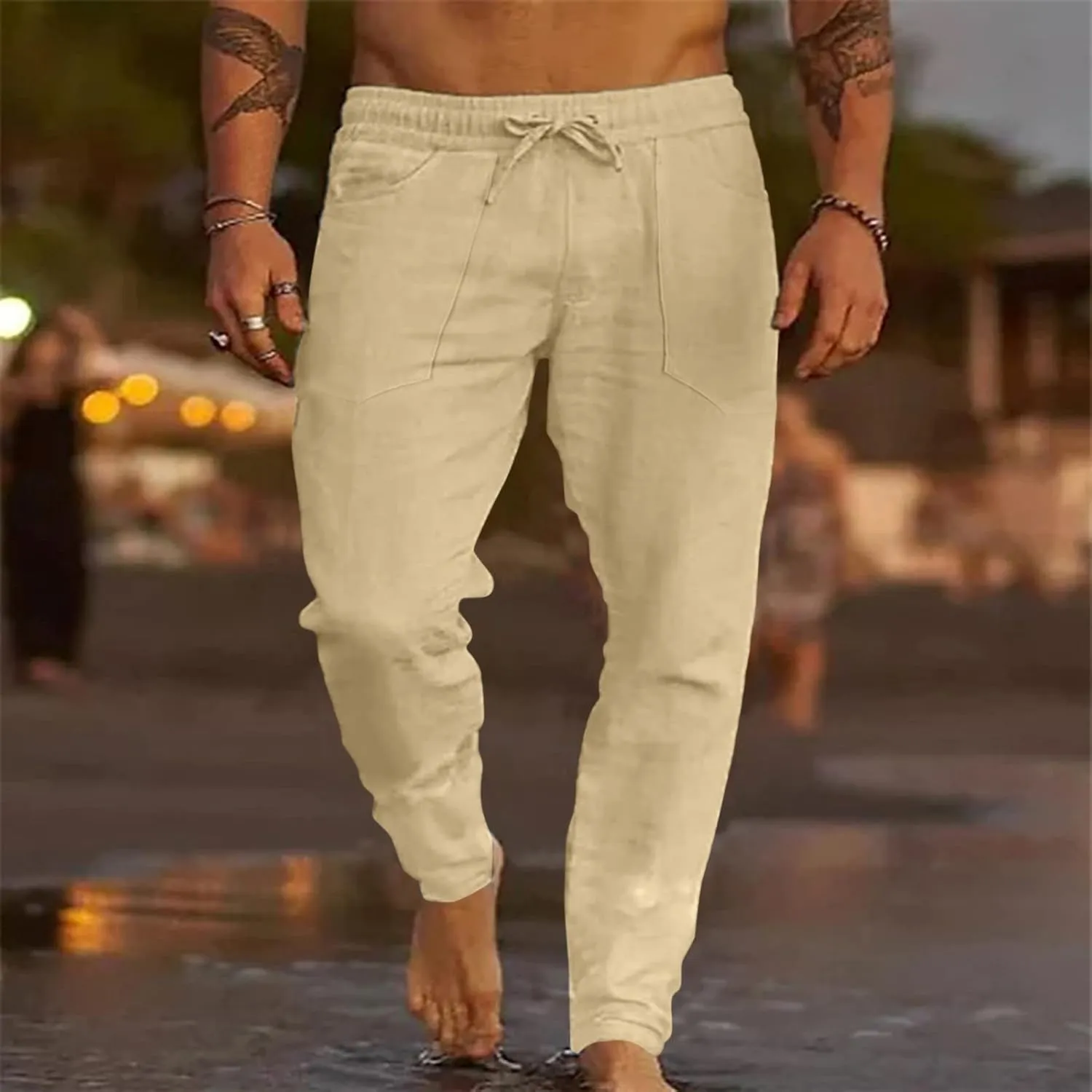 Cotton Linen Beach Trousers for Men Elastic Waist Drawstring Breathable Summer Casual Pants Loose Fit Workout Sweatpants
