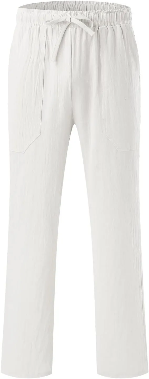 Cotton Linen Beach Trousers for Men Elastic Waist Drawstring Breathable Summer Casual Pants Loose Fit Workout Sweatpants