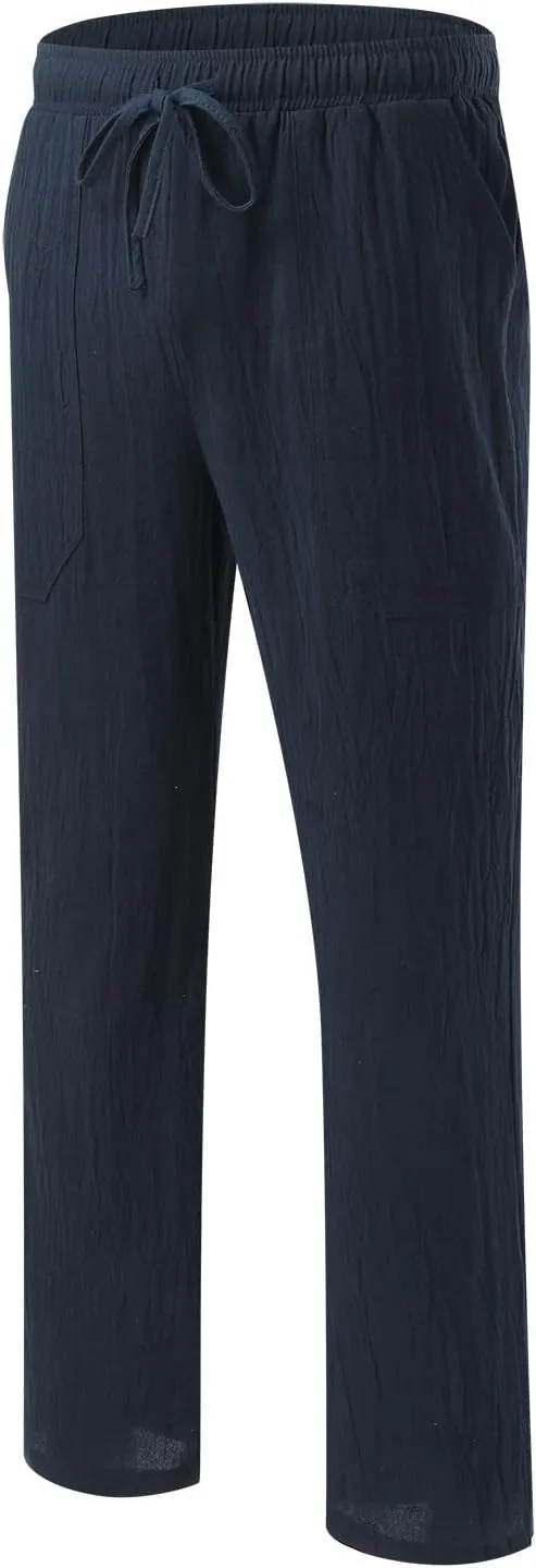 Cotton Linen Beach Trousers for Men Elastic Waist Drawstring Breathable Summer Casual Pants Loose Fit Workout Sweatpants