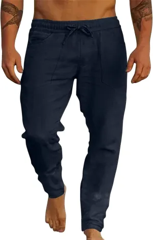 Cotton Linen Beach Trousers for Men Elastic Waist Drawstring Breathable Summer Casual Pants Loose Fit Workout Sweatpants