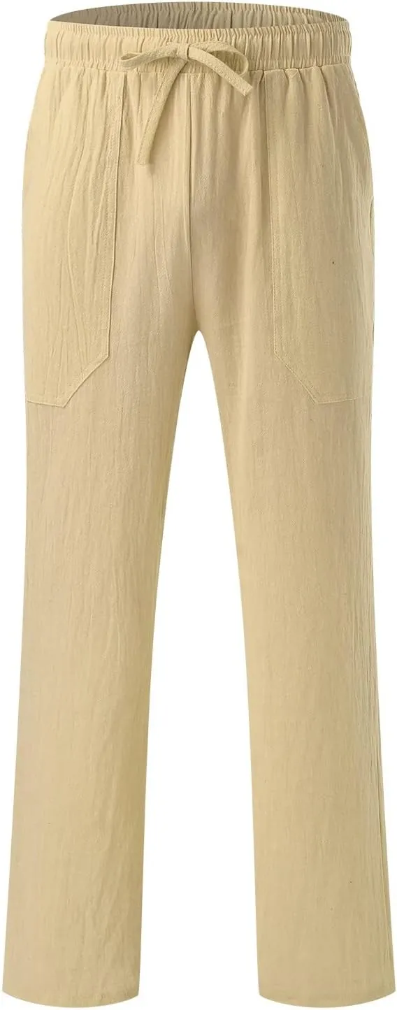 Cotton Linen Beach Trousers for Men Elastic Waist Drawstring Breathable Summer Casual Pants Loose Fit Workout Sweatpants