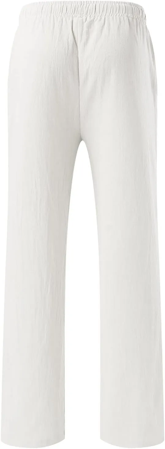 Cotton Linen Beach Trousers for Men Elastic Waist Drawstring Breathable Summer Casual Pants Loose Fit Workout Sweatpants