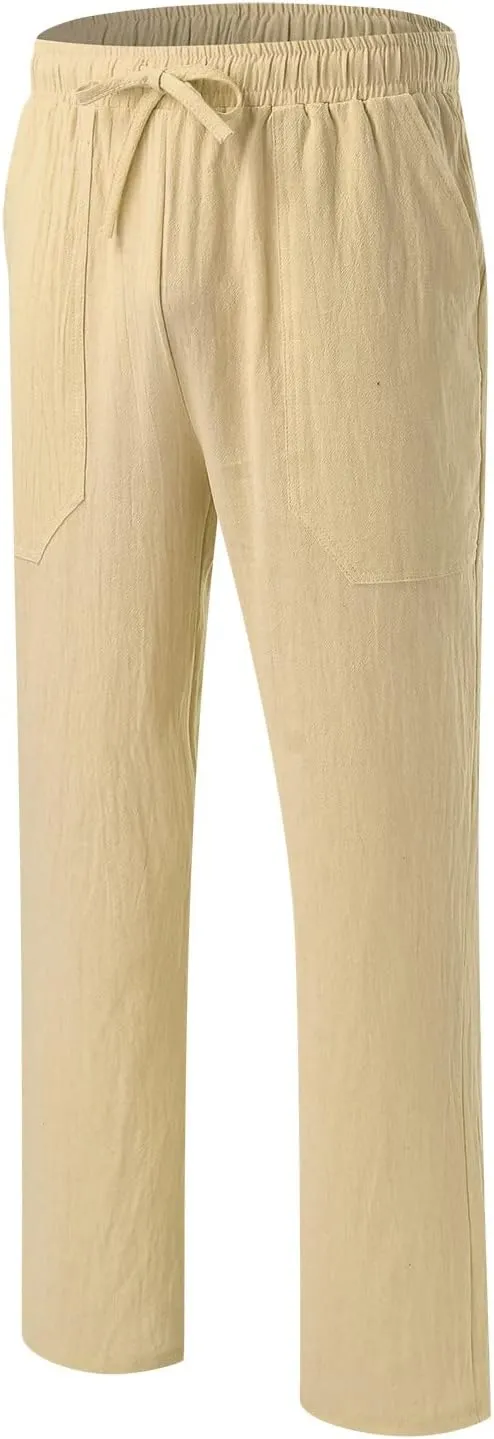 Cotton Linen Beach Trousers for Men Elastic Waist Drawstring Breathable Summer Casual Pants Loose Fit Workout Sweatpants