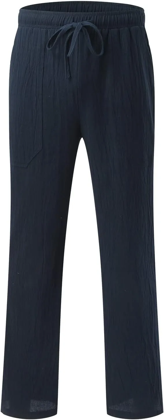 Cotton Linen Beach Trousers for Men Elastic Waist Drawstring Breathable Summer Casual Pants Loose Fit Workout Sweatpants