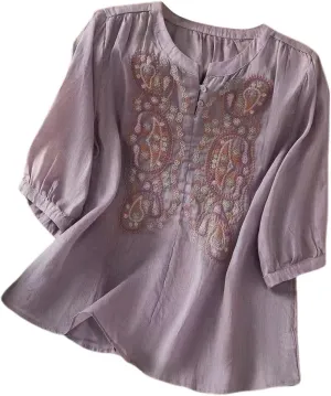 Cotton Linen Shirts for Women Summer 2025 Boho Retro Embroidered Tops 3/4 Sleeve Dressy Casual Blouses Loose Tunics