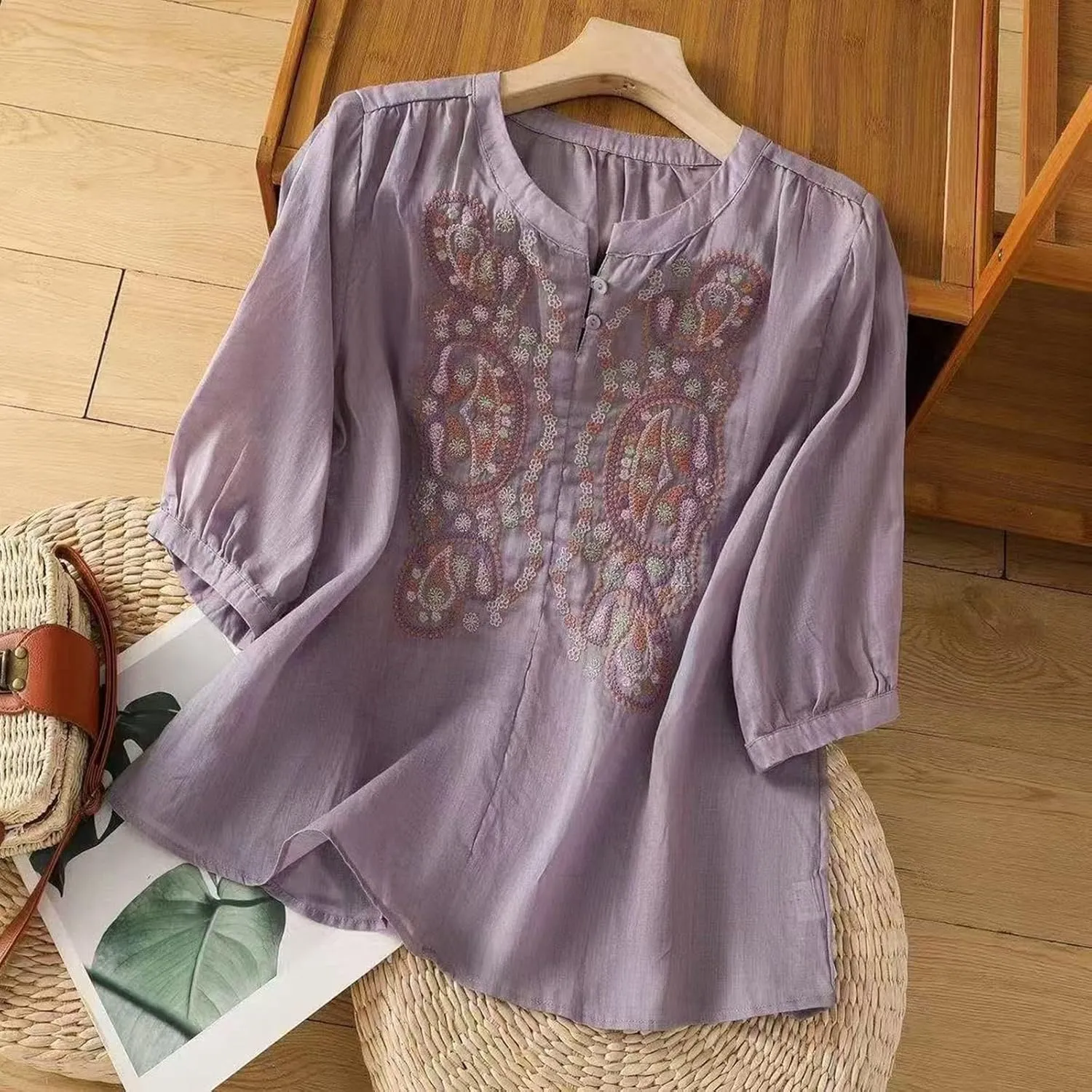Cotton Linen Shirts for Women Summer 2025 Boho Retro Embroidered Tops 3/4 Sleeve Dressy Casual Blouses Loose Tunics