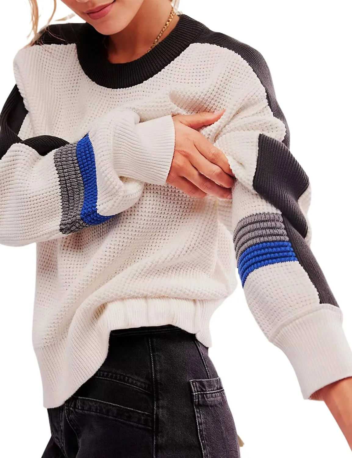 Crewneck Sweater Women Cozy Long Sleeve Ribbed Knit 2024 Fall Colorblock Pullover Sweaters Top Trendy Outfits