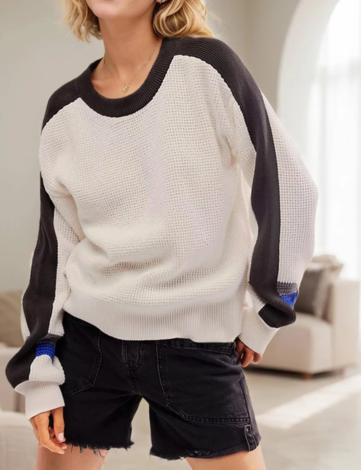 Crewneck Sweater Women Cozy Long Sleeve Ribbed Knit 2024 Fall Colorblock Pullover Sweaters Top Trendy Outfits