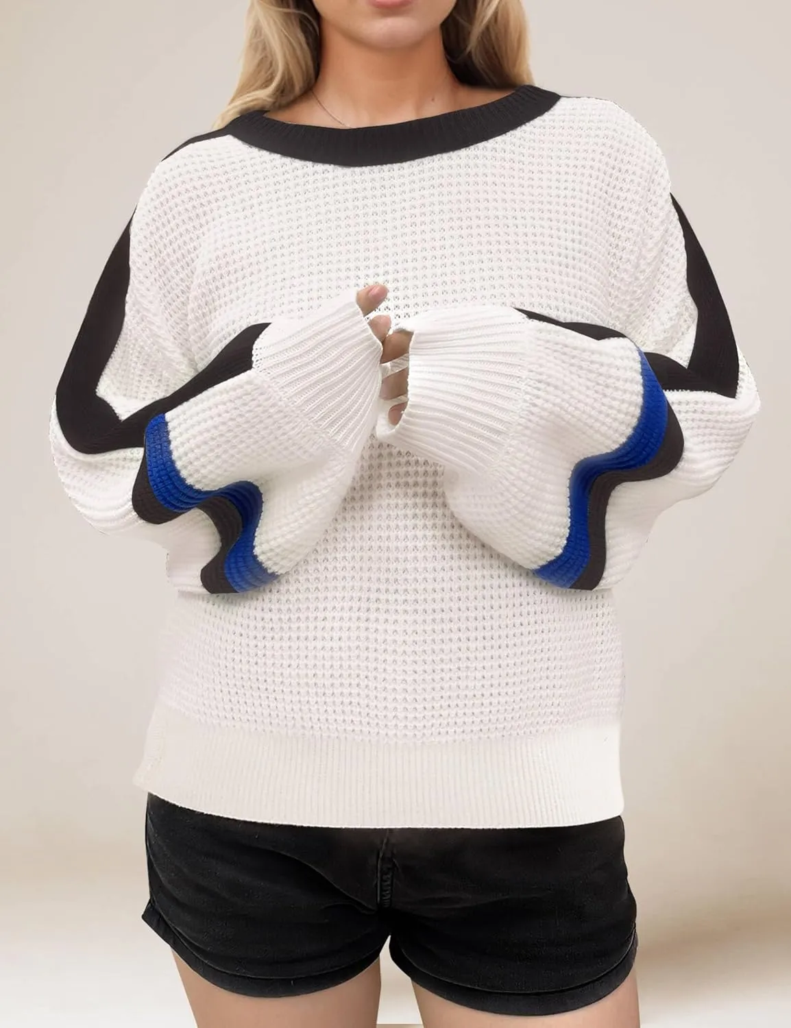 Crewneck Sweater Women Cozy Long Sleeve Ribbed Knit 2024 Fall Colorblock Pullover Sweaters Top Trendy Outfits