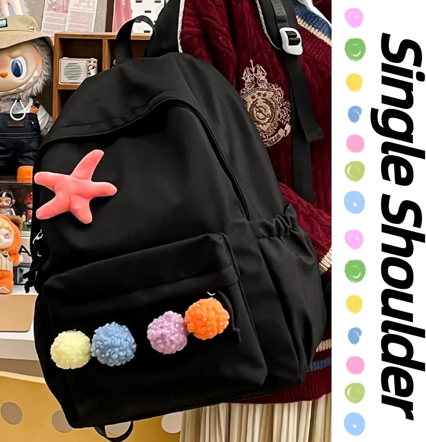 Cute Backpack with Colorful Pom Pom Star Patch Lightweight Rucksack Versatile Daypack for Work Travel Outings Daily Use (Black)