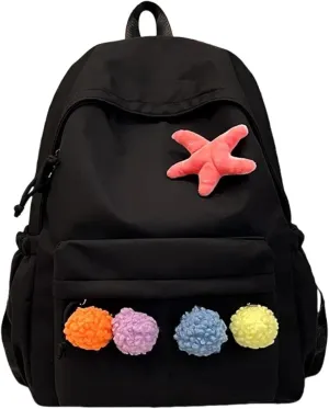 Cute Backpack with Colorful Pom Pom Star Patch Lightweight Rucksack Versatile Daypack for Work Travel Outings Daily Use (Black)