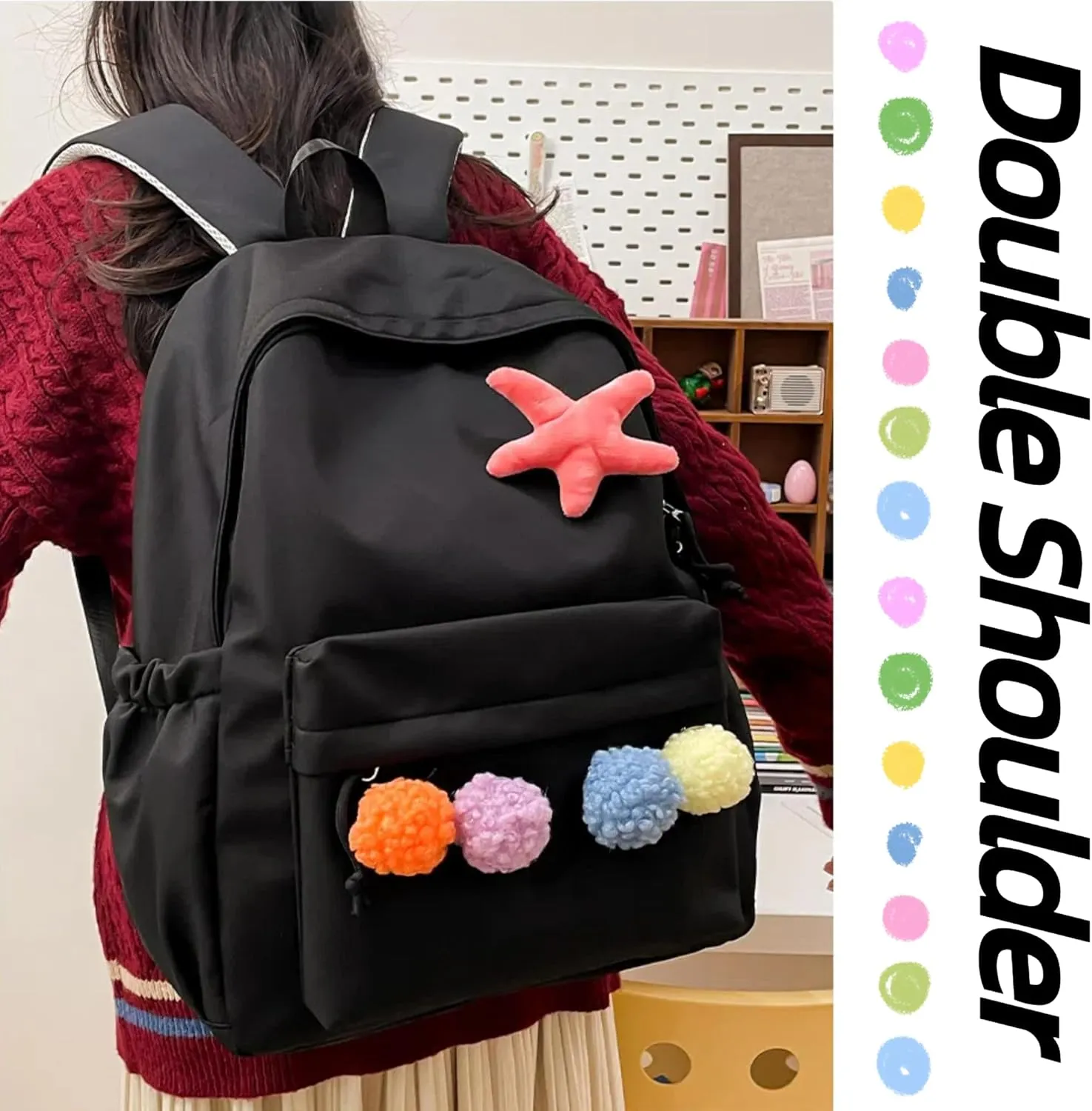 Cute Backpack with Colorful Pom Pom Star Patch Lightweight Rucksack Versatile Daypack for Work Travel Outings Daily Use (Black)