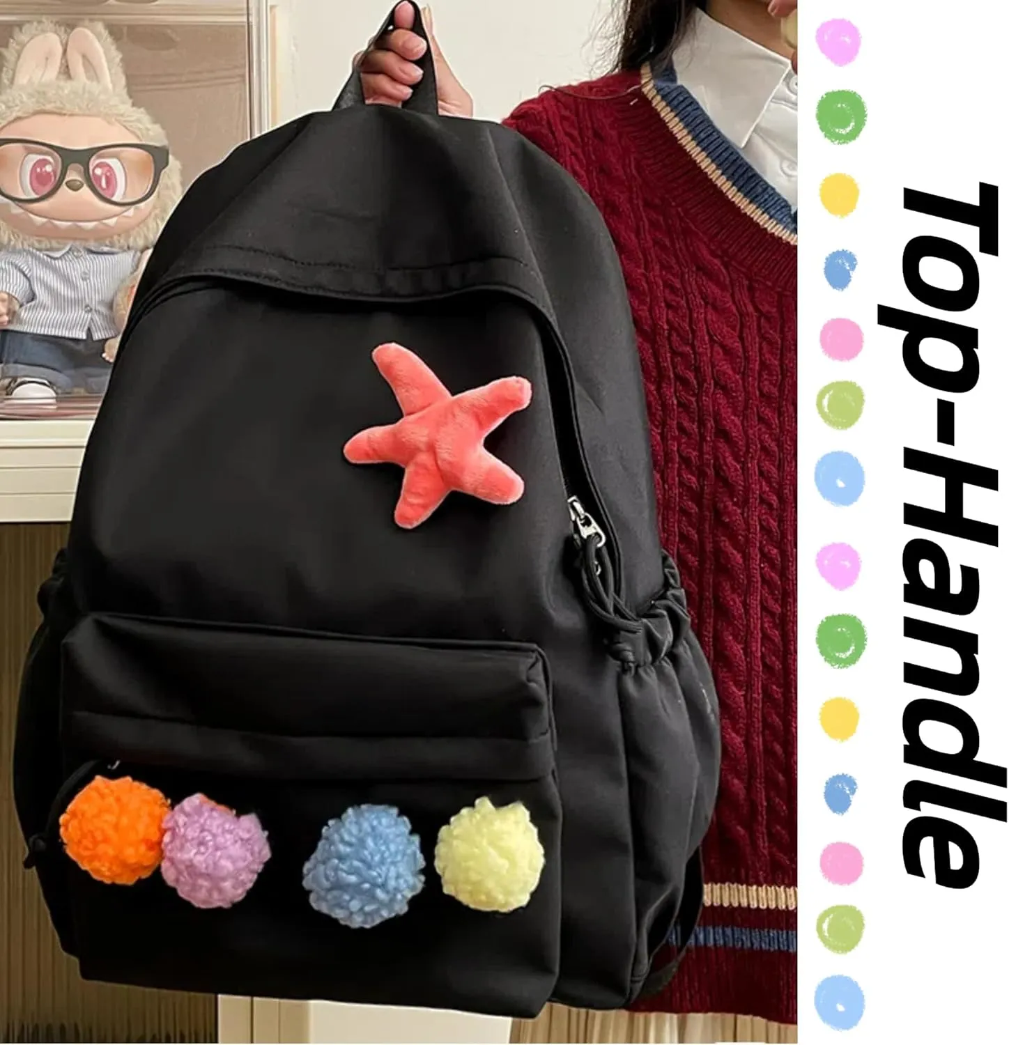 Cute Backpack with Colorful Pom Pom Star Patch Lightweight Rucksack Versatile Daypack for Work Travel Outings Daily Use (Black)
