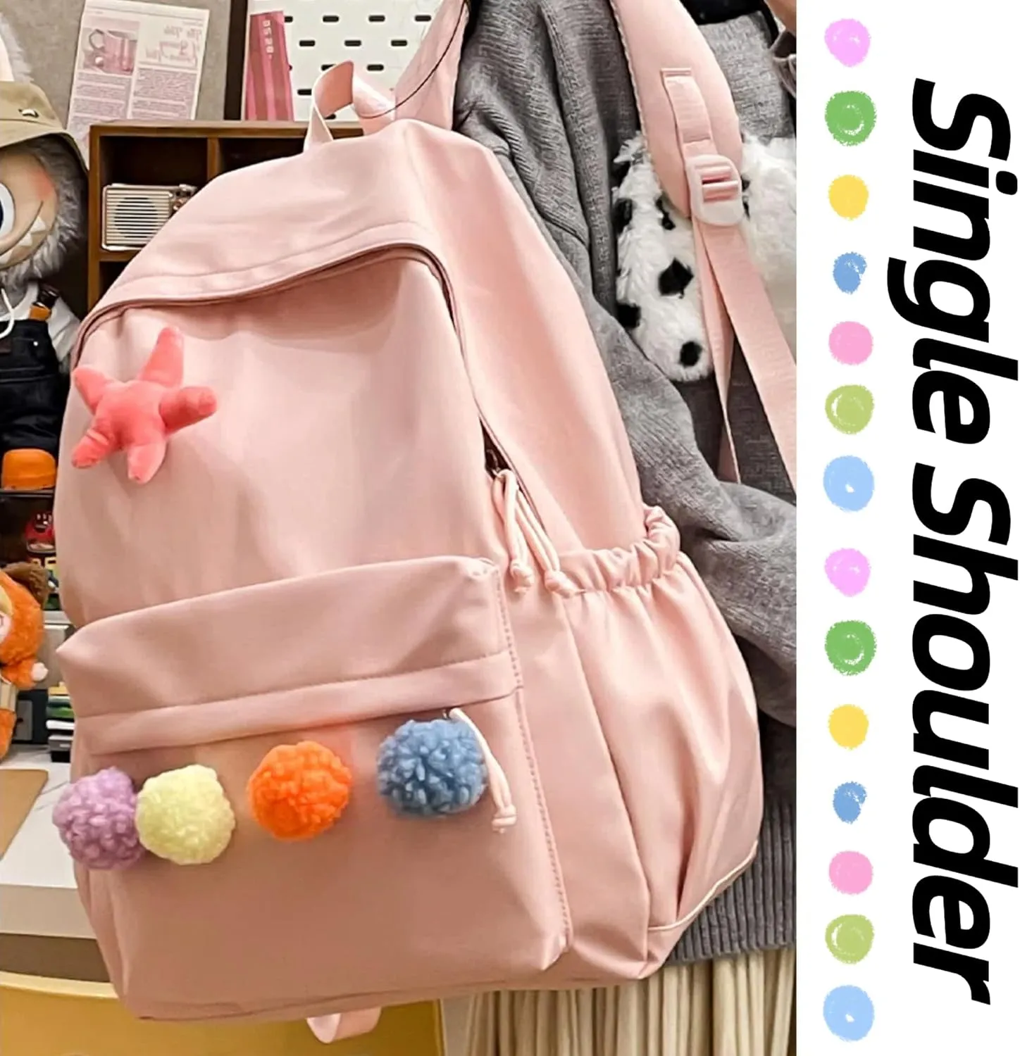 Cute Backpack with Colorful Pom Pom Star Patch Lightweight Rucksack Versatile Daypack for Work Travel Outings Daily Use (Pink)