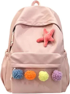 Cute Backpack with Colorful Pom Pom Star Patch Lightweight Rucksack Versatile Daypack for Work Travel Outings Daily Use (Pink)