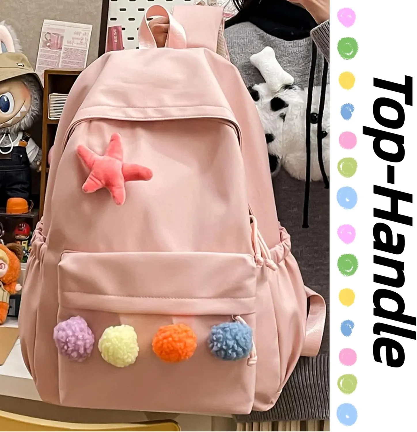 Cute Backpack with Colorful Pom Pom Star Patch Lightweight Rucksack Versatile Daypack for Work Travel Outings Daily Use (Pink)