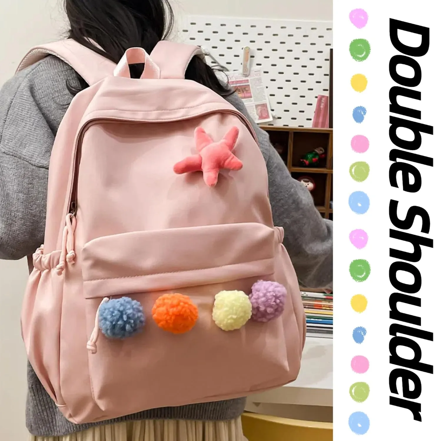 Cute Backpack with Colorful Pom Pom Star Patch Lightweight Rucksack Versatile Daypack for Work Travel Outings Daily Use (Pink)