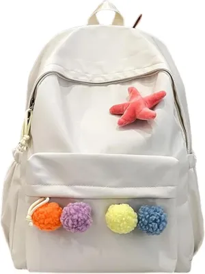 Cute Backpack with Colorful Pom Pom Star Patch Lightweight Rucksack Versatile Daypack for Work Travel Outings Daily Use (White)