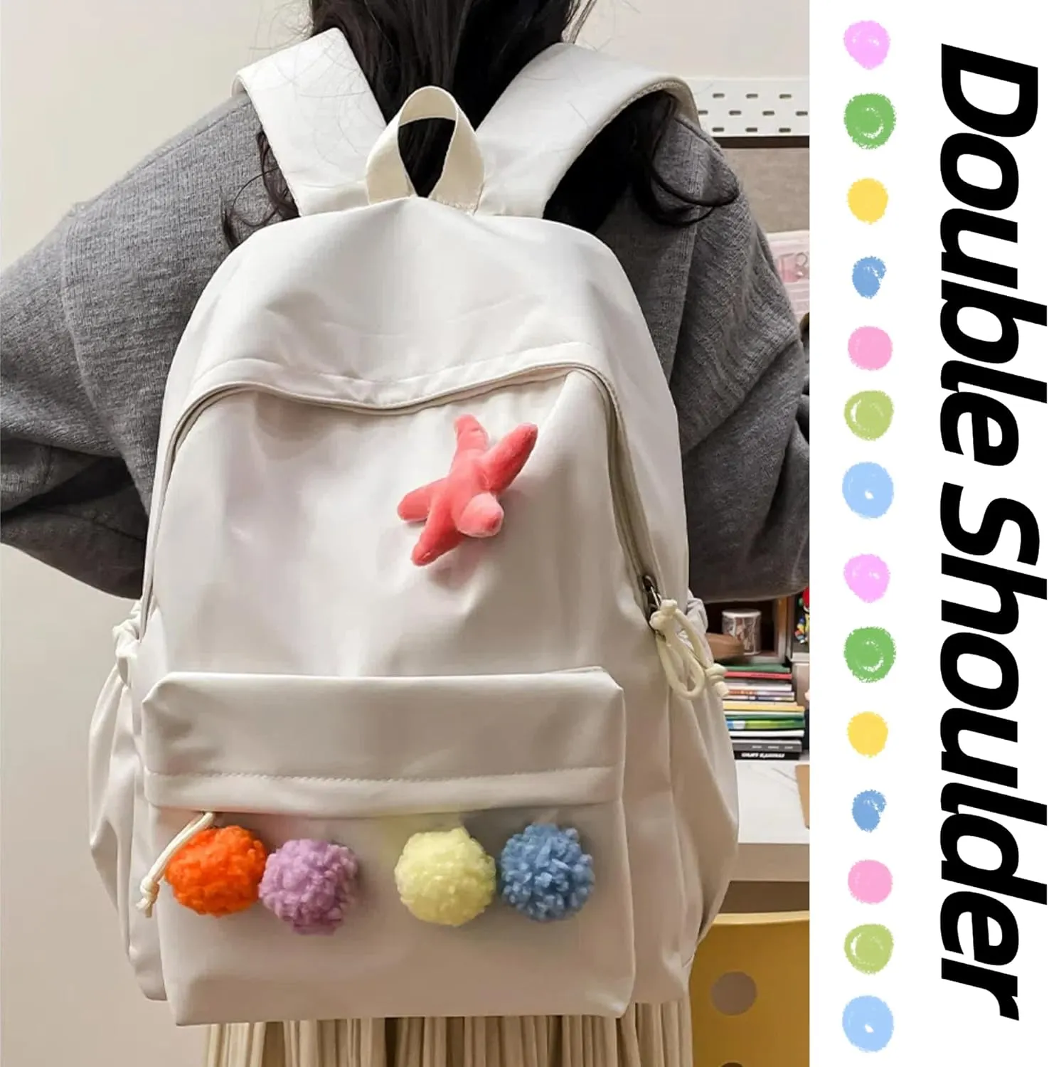 Cute Backpack with Colorful Pom Pom Star Patch Lightweight Rucksack Versatile Daypack for Work Travel Outings Daily Use (White)