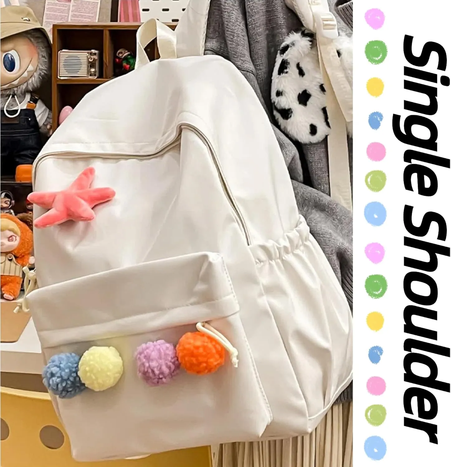 Cute Backpack with Colorful Pom Pom Star Patch Lightweight Rucksack Versatile Daypack for Work Travel Outings Daily Use (White)