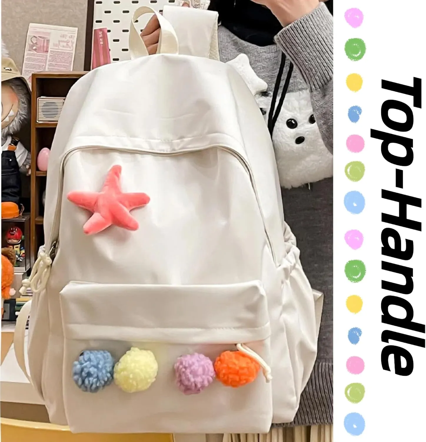 Cute Backpack with Colorful Pom Pom Star Patch Lightweight Rucksack Versatile Daypack for Work Travel Outings Daily Use (White)