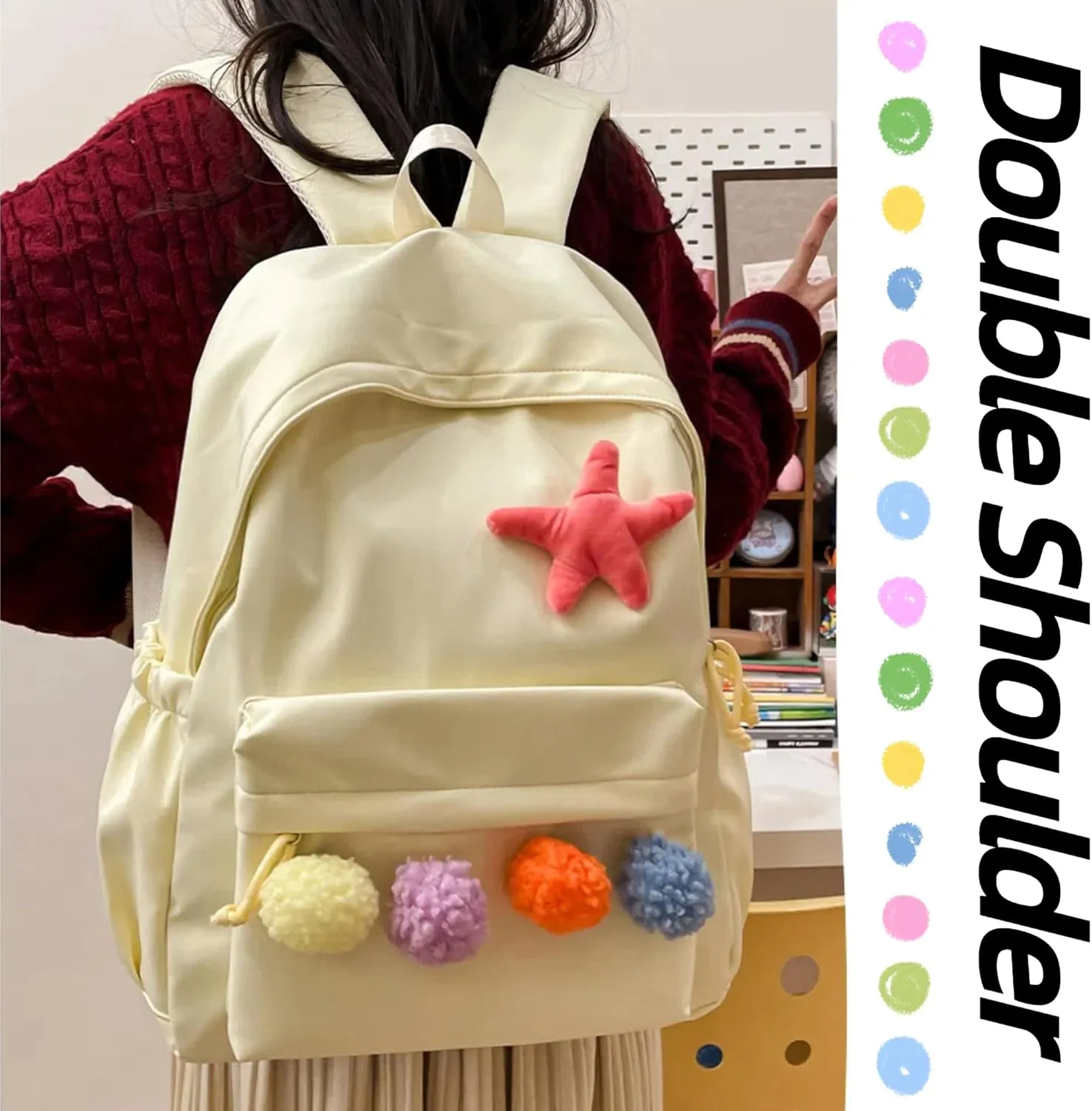 Cute Backpack with Colorful Pom Pom Star Patch Lightweight Rucksack Versatile Daypack for Work Travel Outings Daily Use (Yellow)