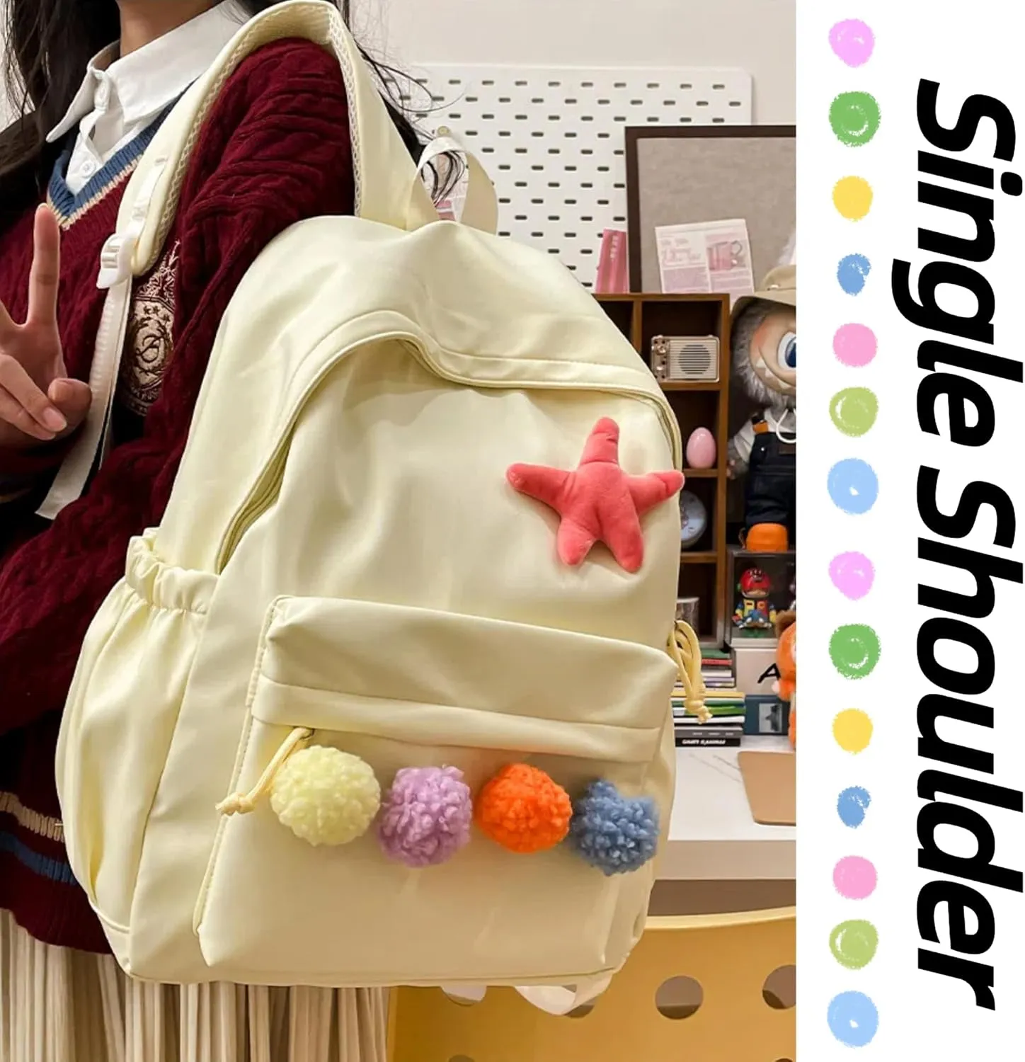 Cute Backpack with Colorful Pom Pom Star Patch Lightweight Rucksack Versatile Daypack for Work Travel Outings Daily Use (Yellow)