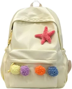 Cute Backpack with Colorful Pom Pom Star Patch Lightweight Rucksack Versatile Daypack for Work Travel Outings Daily Use (Yellow)