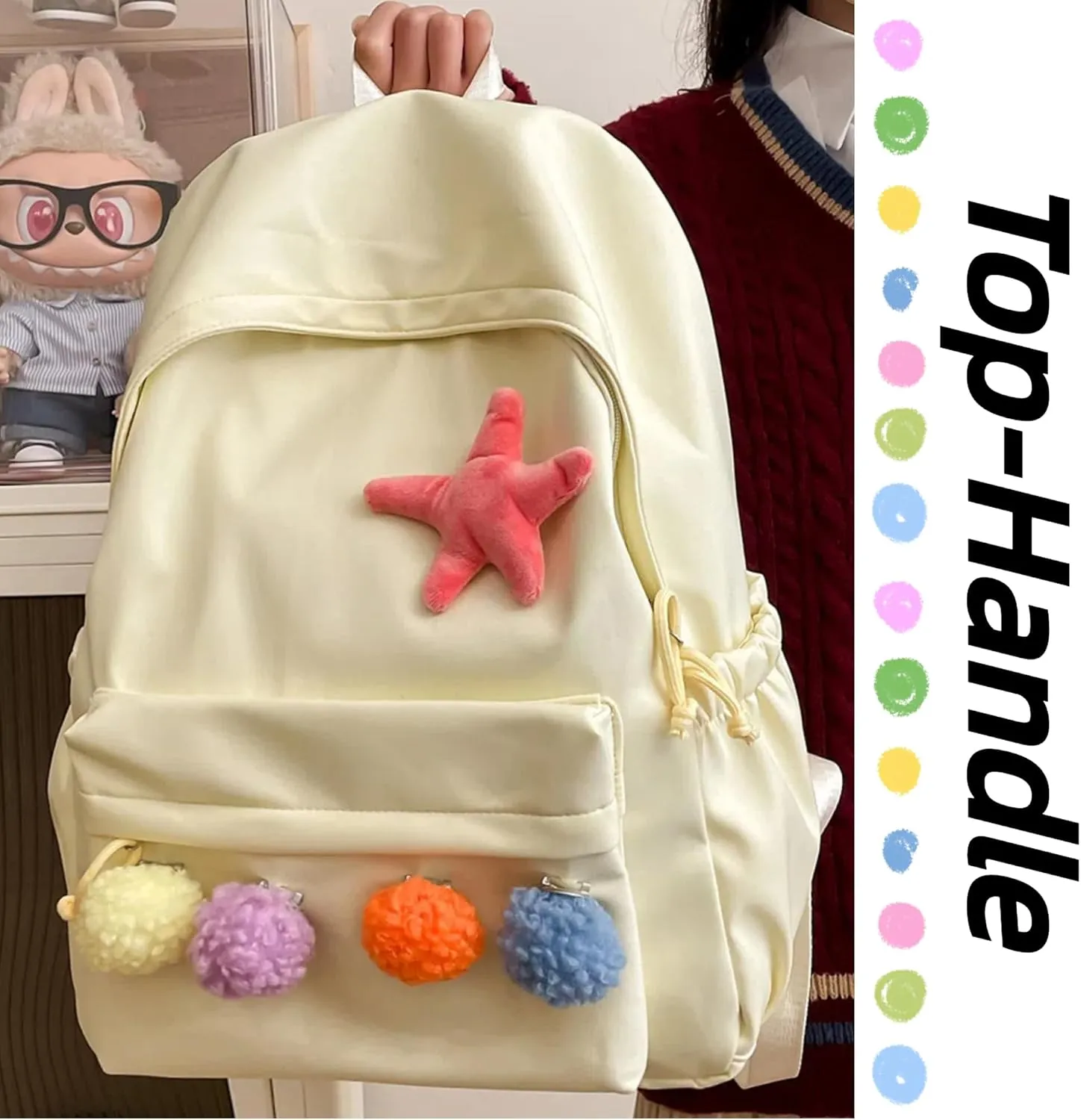Cute Backpack with Colorful Pom Pom Star Patch Lightweight Rucksack Versatile Daypack for Work Travel Outings Daily Use (Yellow)