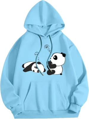 Cute Hoodies for Women Trendy Oversized Kawaii Panda Print Sweatshirt Long Sleeve Hooded Pullover Tops with Pocket