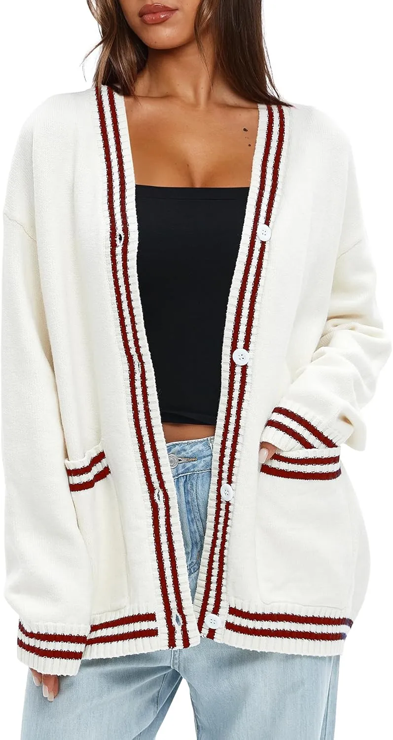 Darong Women Oversized Cardigan Sweaters Knit Button Front Stripes Trim Cardigan Tops Fall Outfits with Pockets