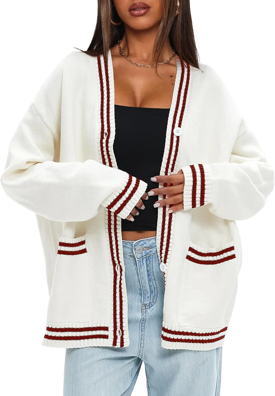 Darong Women Oversized Cardigan Sweaters Knit Button Front Stripes Trim Cardigan Tops Fall Outfits with Pockets