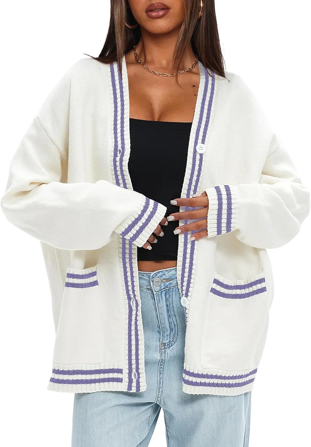 Darong Women Oversized Cardigan Sweaters Knit Button Front Stripes Trim Cardigan Tops Fall Outfits with Pockets