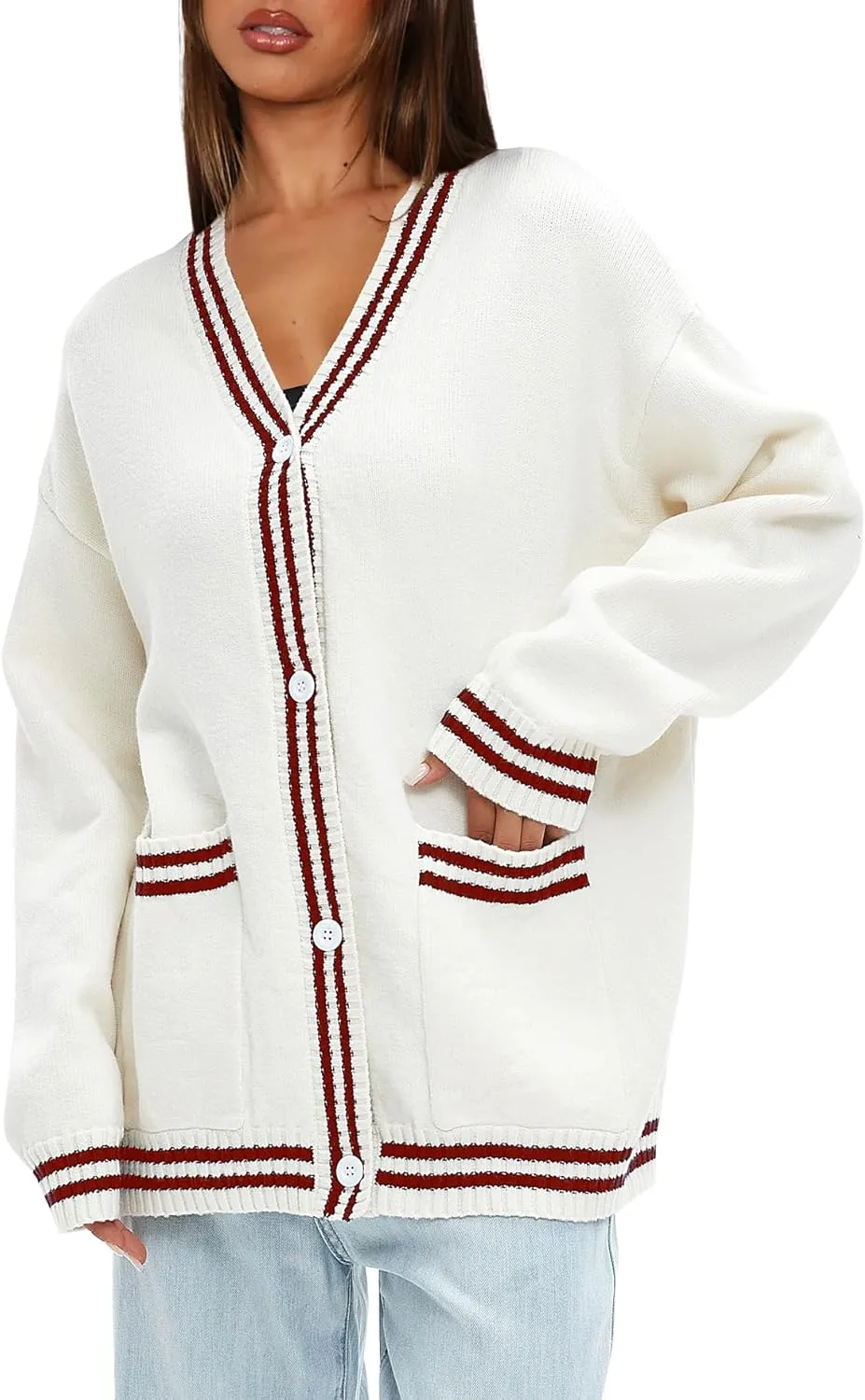 Darong Women Oversized Cardigan Sweaters Knit Button Front Stripes Trim Cardigan Tops Fall Outfits with Pockets