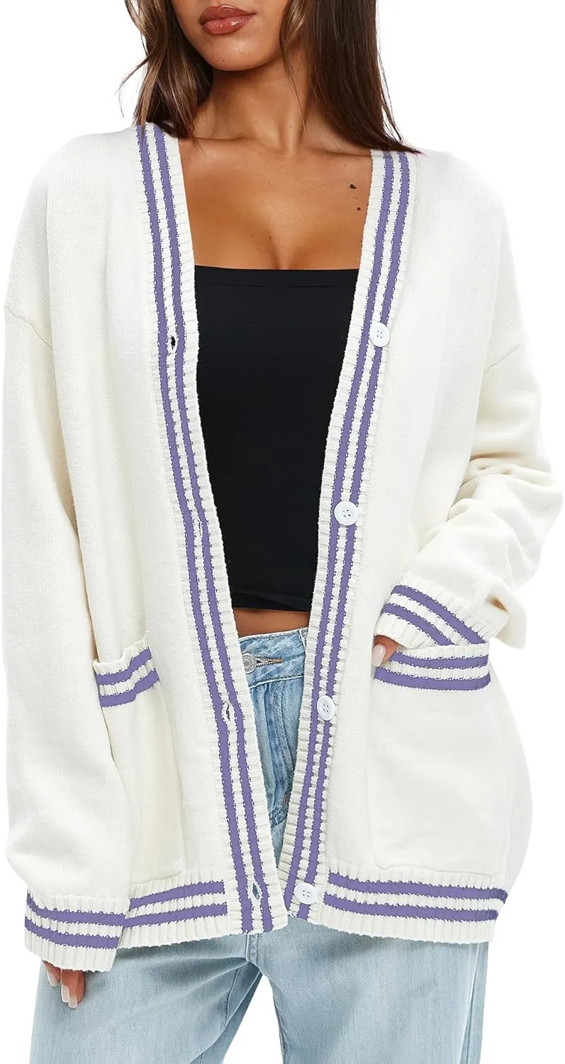 Darong Women Oversized Cardigan Sweaters Knit Button Front Stripes Trim Cardigan Tops Fall Outfits with Pockets