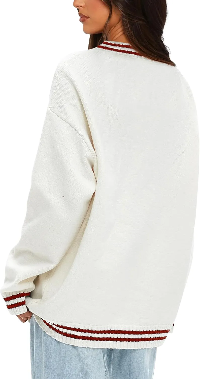 Darong Women Oversized Cardigan Sweaters Knit Button Front Stripes Trim Cardigan Tops Fall Outfits with Pockets