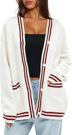 Darong Women Oversized Cardigan Sweaters Knit Button Front Stripes Trim Cardigan Tops Fall Outfits with Pockets