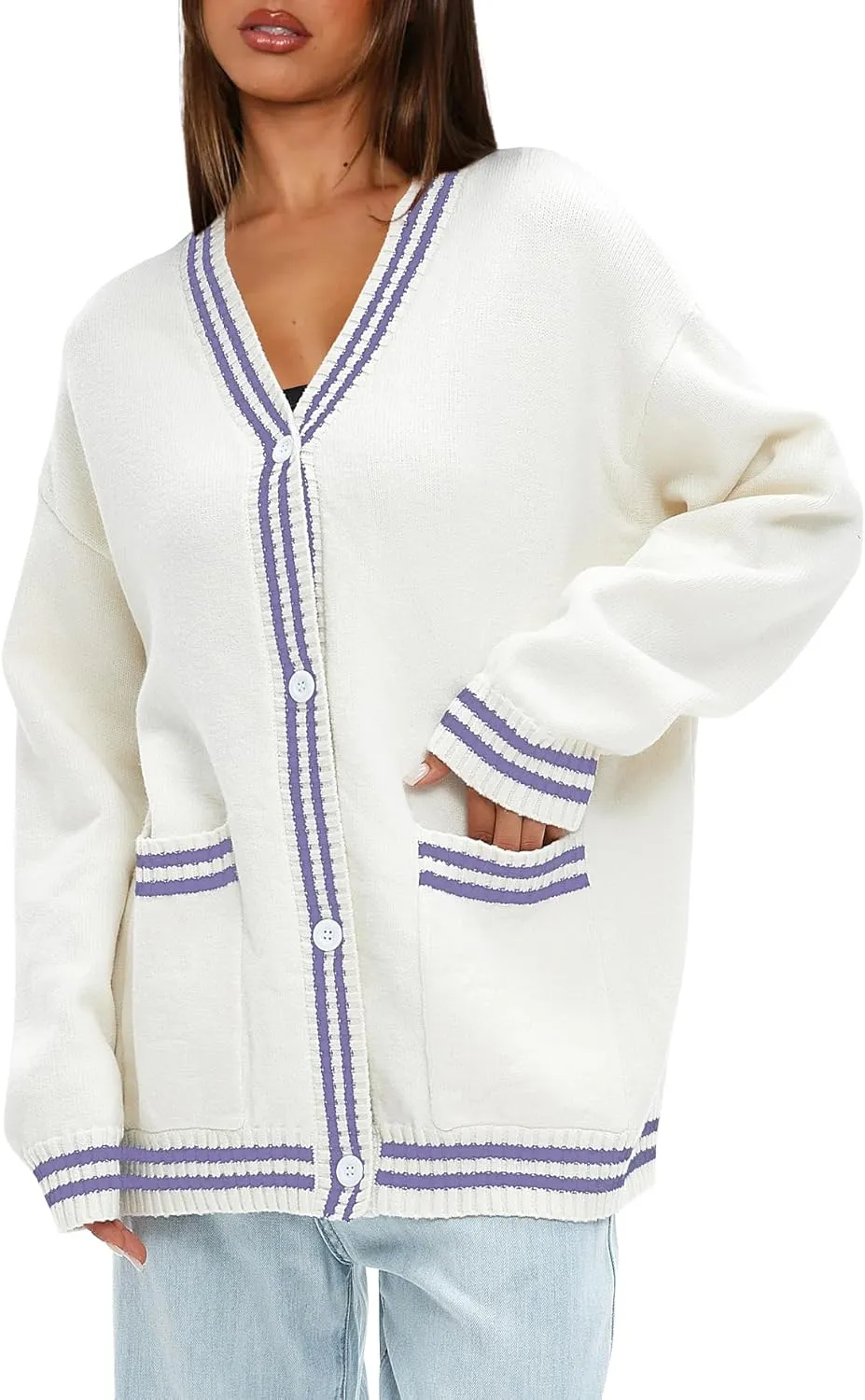 Darong Women Oversized Cardigan Sweaters Knit Button Front Stripes Trim Cardigan Tops Fall Outfits with Pockets
