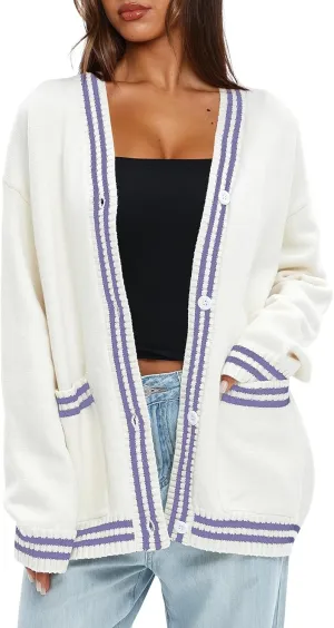 Darong Women Oversized Cardigan Sweaters Knit Button Front Stripes Trim Cardigan Tops Fall Outfits with Pockets