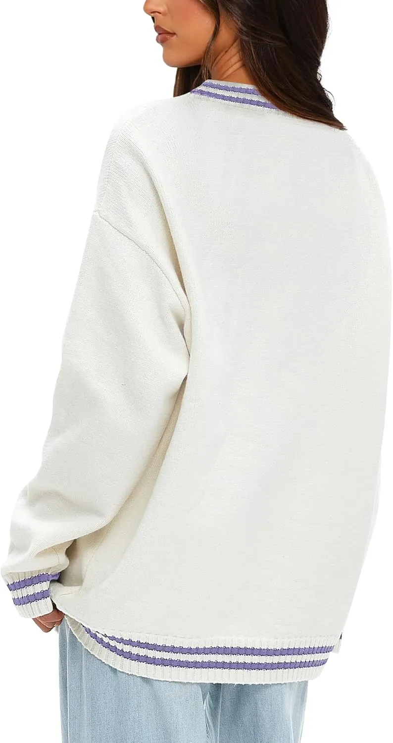 Darong Women Oversized Cardigan Sweaters Knit Button Front Stripes Trim Cardigan Tops Fall Outfits with Pockets