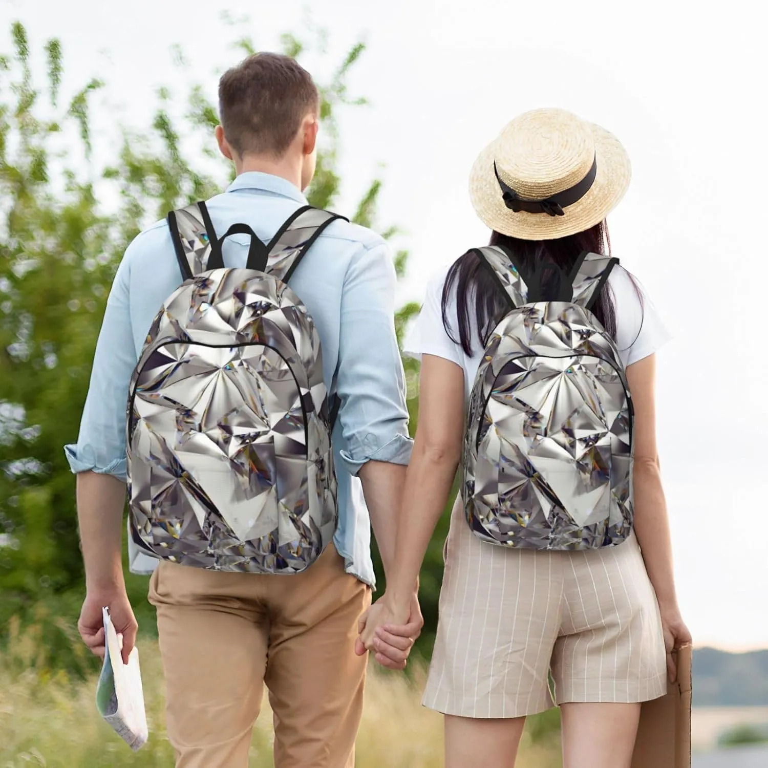 Diamond Pattern Print Unisex Versatile Canvas Backpack Vintage Travel Hiking Carrying Laptops Rucksack