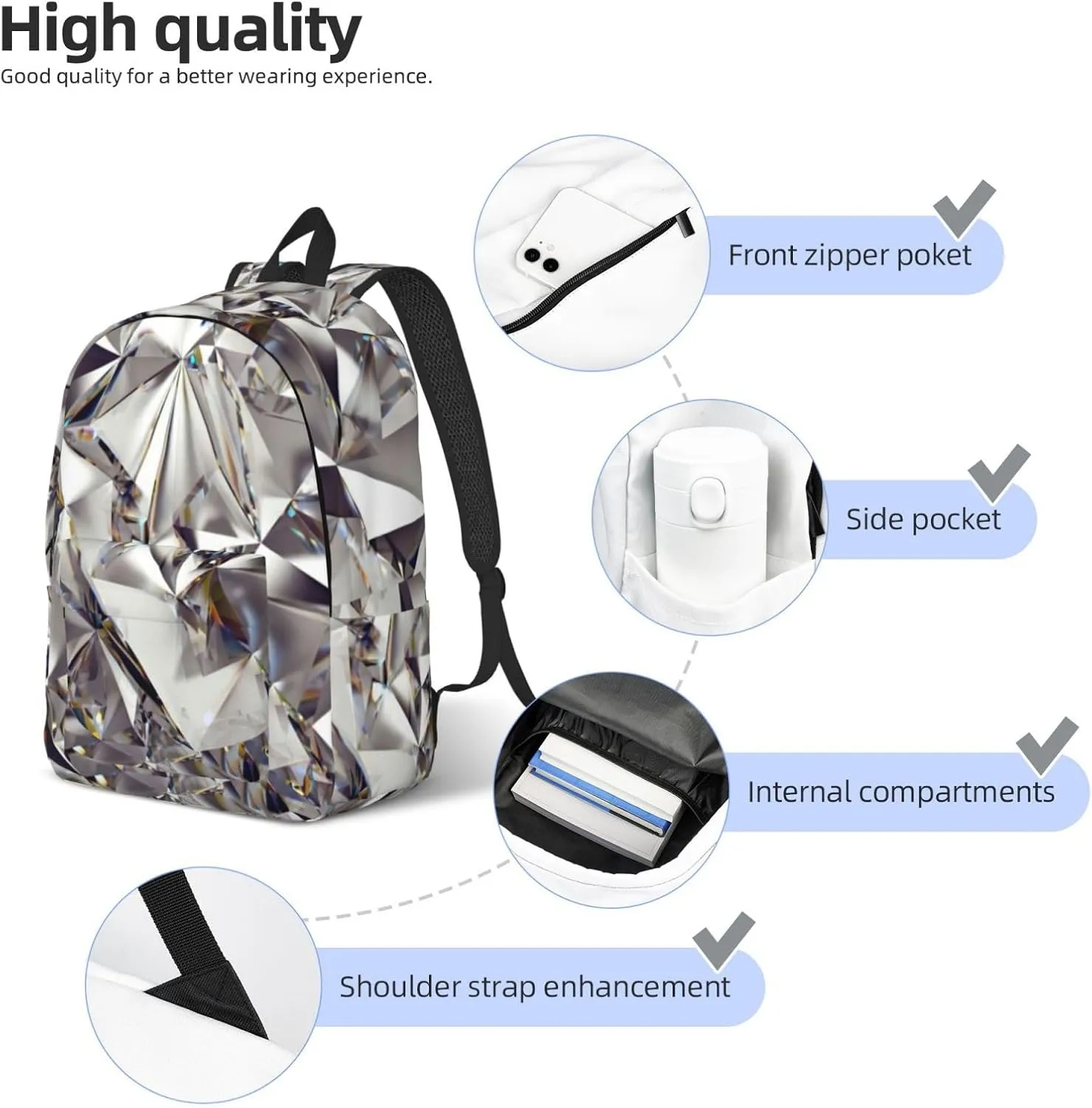 Diamond Pattern Print Unisex Versatile Canvas Backpack Vintage Travel Hiking Carrying Laptops Rucksack