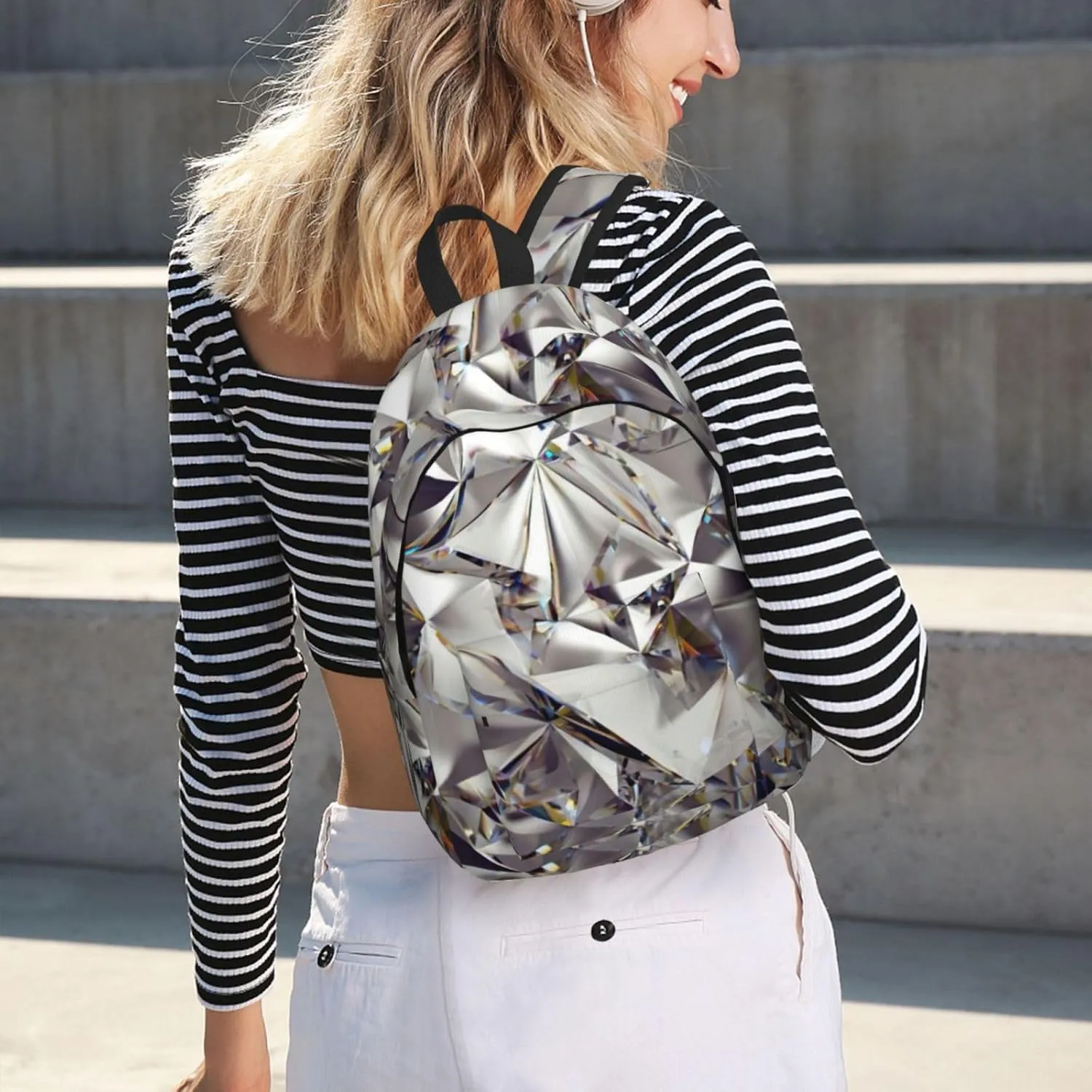 Diamond Pattern Print Unisex Versatile Canvas Backpack Vintage Travel Hiking Carrying Laptops Rucksack