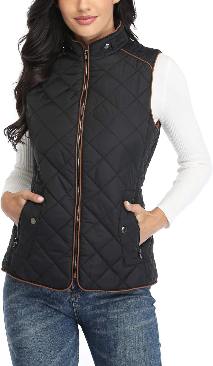 Dilgul Women Padded Vest Stand Collar Zip Up Trendy Puffer Lightweight Quilted Vest